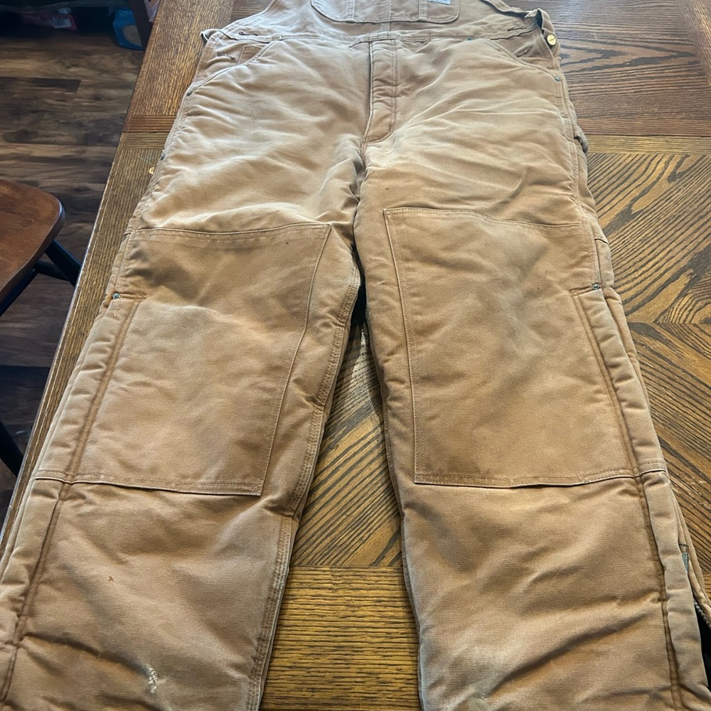 VTG CARHARTT INSULATED QUILT LINED BIB OVERALLS DOUBLE KNEE R03 BRN 38 x 30